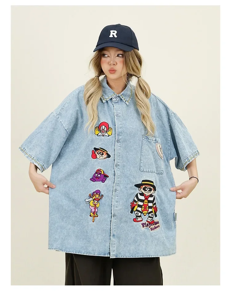 Джинсовые рубашки с коротким рукавом и вышивкой в стиле аниме Новинка лета 2024