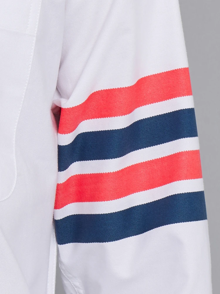 TB THOM Men's Shirt Fashion Top Brand 4-Bar Red Black Stripes Casual Oxford Fine Cotton Long Sleeve High Quality Women's Shirts