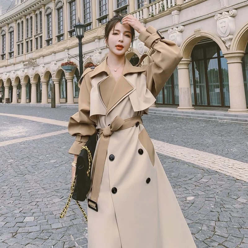 

2022 Spring and Autumn New Waist Thin Coat Real Shot Design Khaki Double Collar Trench Coat Women's Mid-length