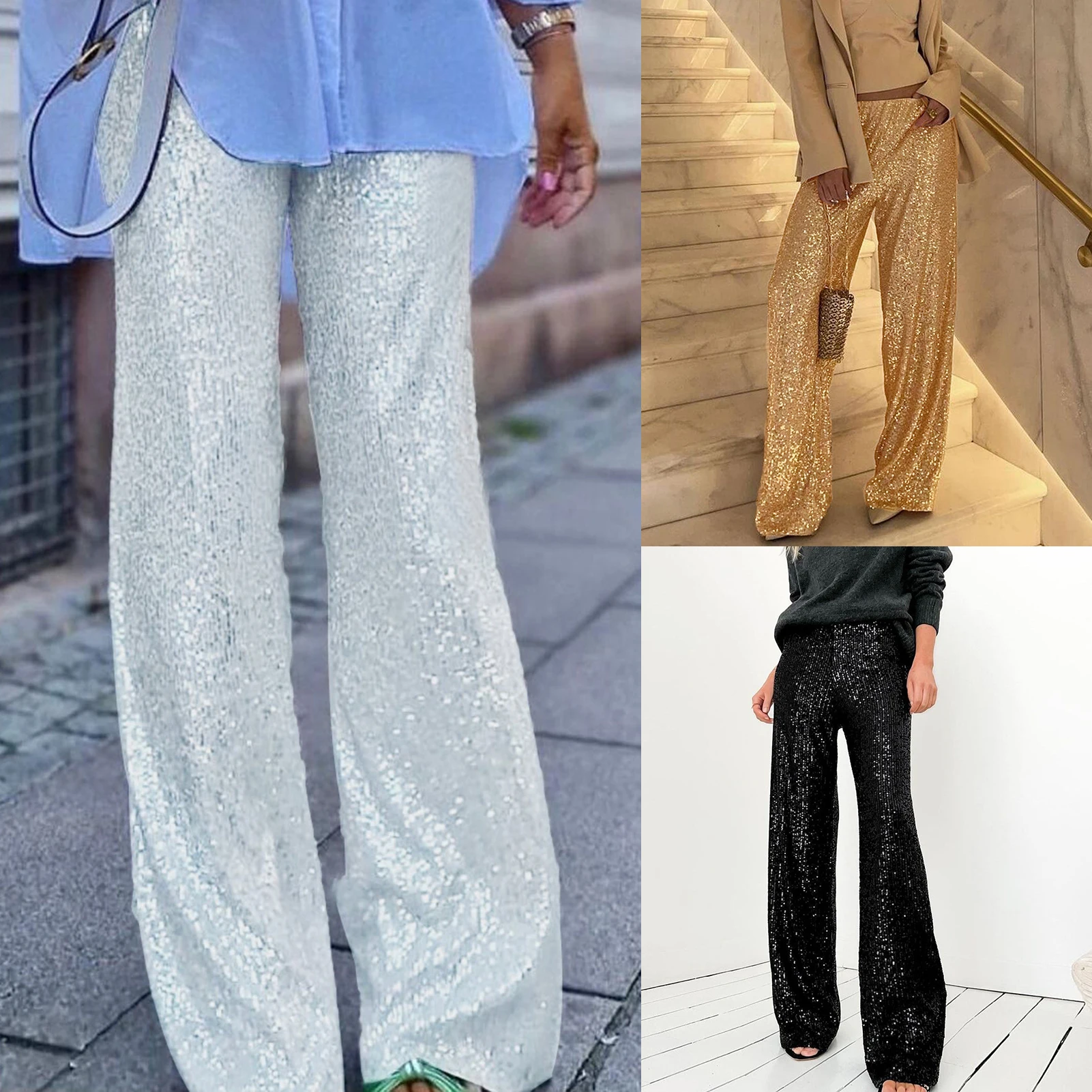 

Women Loose Glitter Trouser Sequin Pant Full Length Straight Leg Pants High Waist Retro Trousers Solid Color Party Streetwear