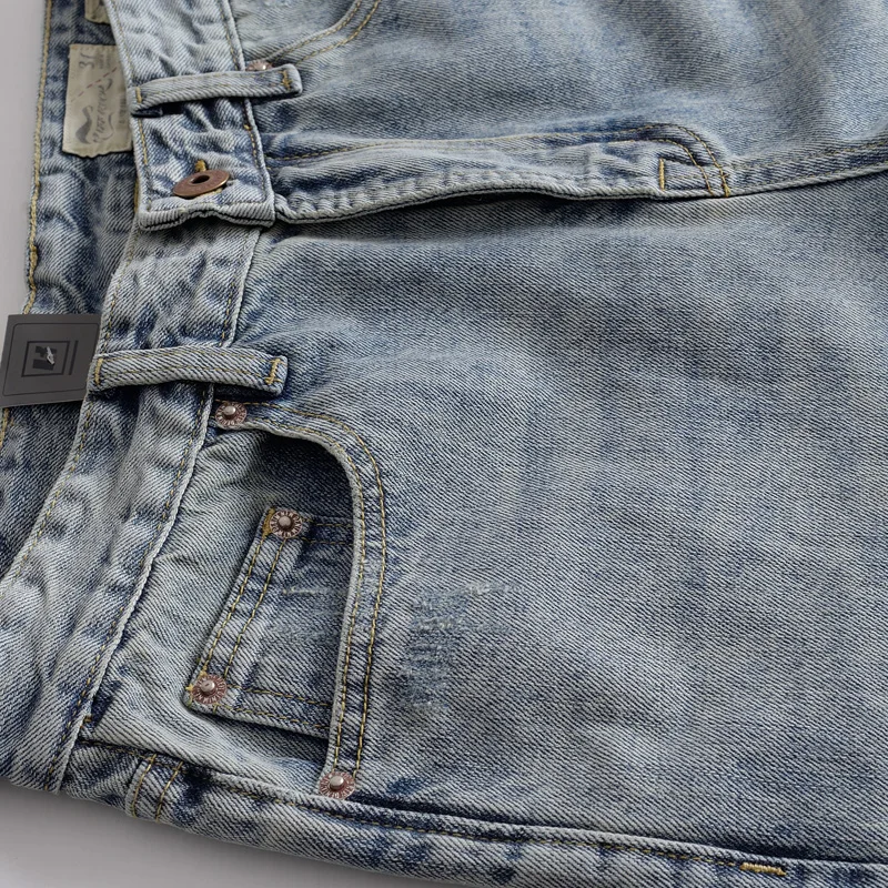 Heavy cotton straight leg jeans retro do old ground white American men's youth casual pants