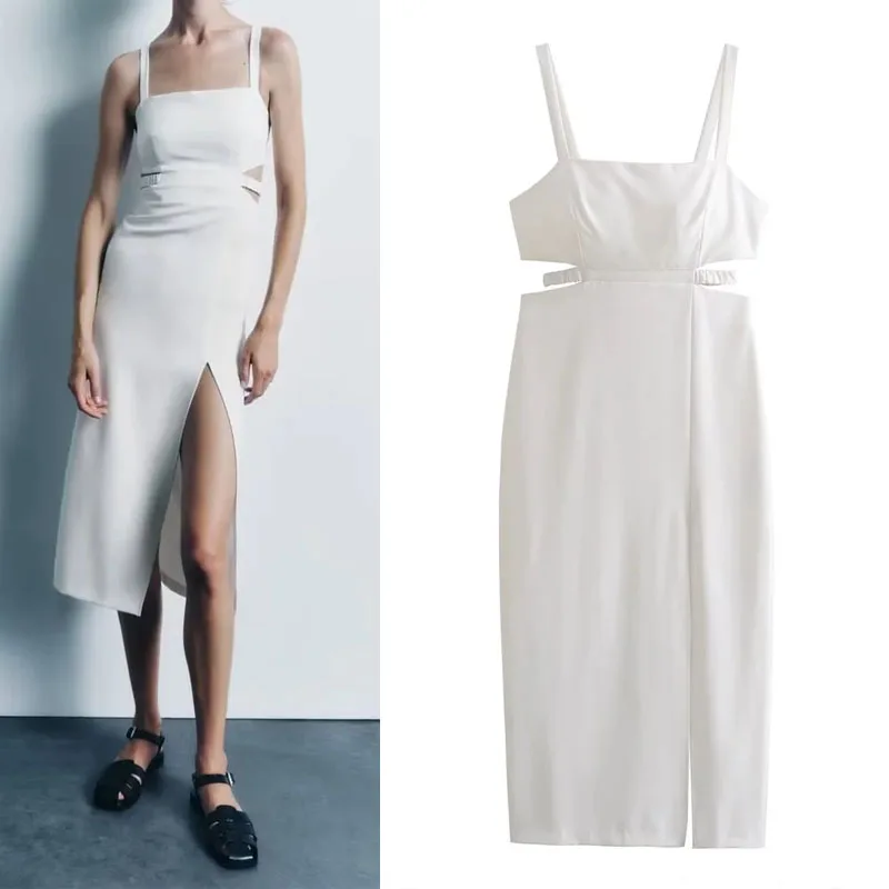 

TRAF Cut Out Midi Dresses For Woman 2023 Vintage Straight Neckline Long Dresses Sexy Sleeveless Split White Dress Summer Dress