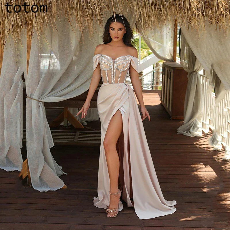 

Champagne Satin Sweetheart Neck Masonry Embellished Fishbone Chest Waist Saudi Arabia High Slit Evening Dress Party Dress
