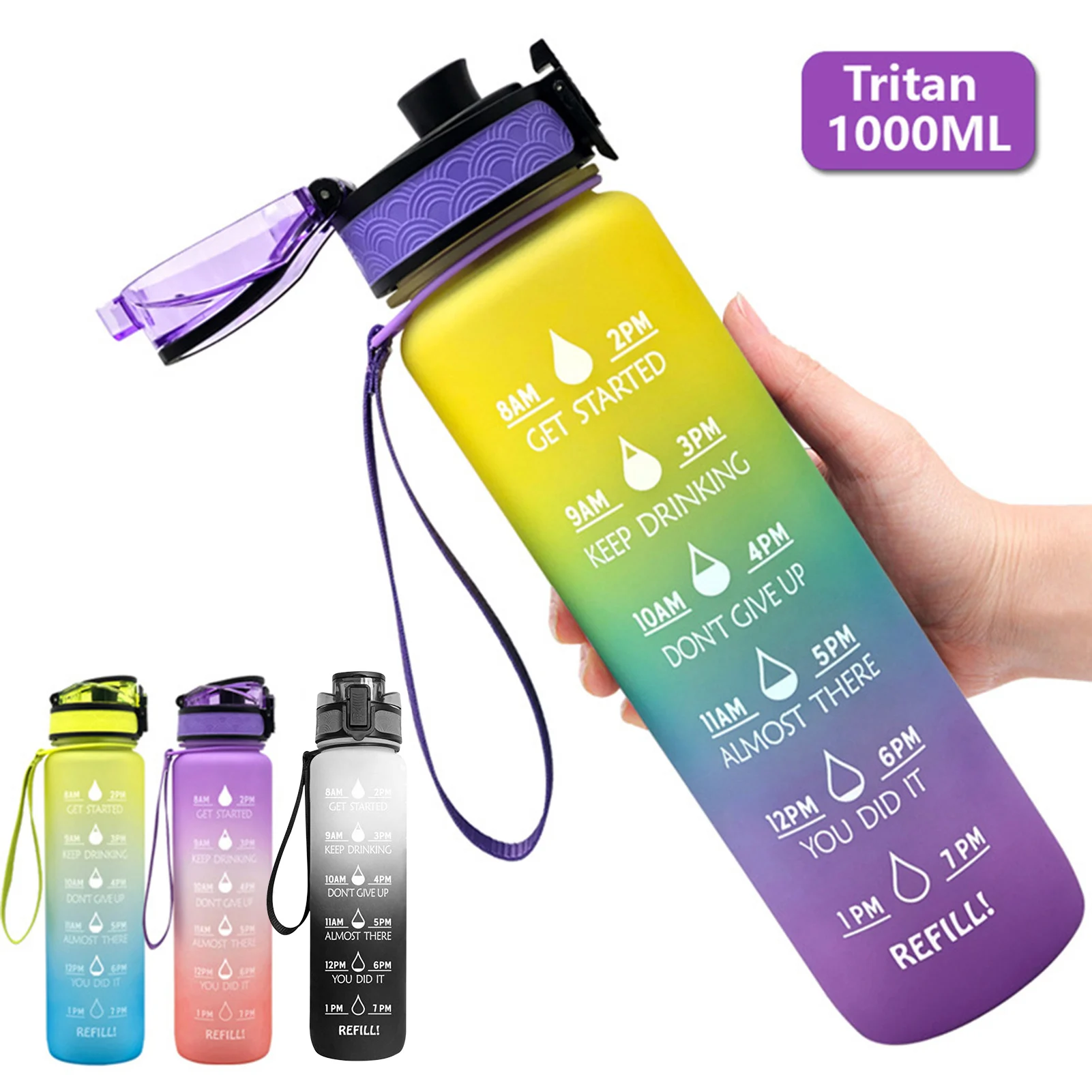 

1L TRITAN Water Bottle Matte Gradient With Time Marker Leakproof Canteen For Hiking Cycling Biking Camping Running Yoga