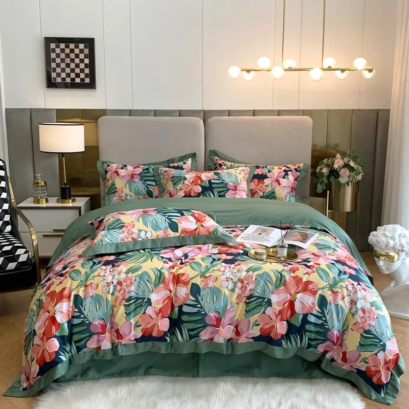 

600TC Egyptian Cotton Bedding Set Soft Silkly Linen Printed Sheet Pillowcase Duvet Cover King Queen Europe Double Size Bedclothe