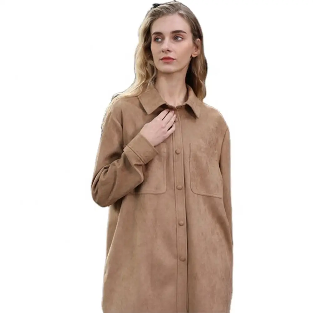 Fashion Woman Blouses 2022 Mid Length Real Suede Simple Pure Color Leisure Jacket Spring Autumn Lapel Women's Elegant Coat