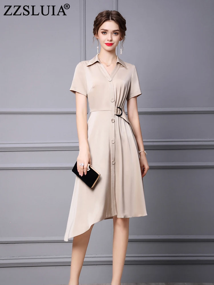 

ZZSLUIA Elegant Dresses For Women Turn Down Collar Solid Color Slim Irregular Dress Fashion Summer Midi Dresses Female Clothing