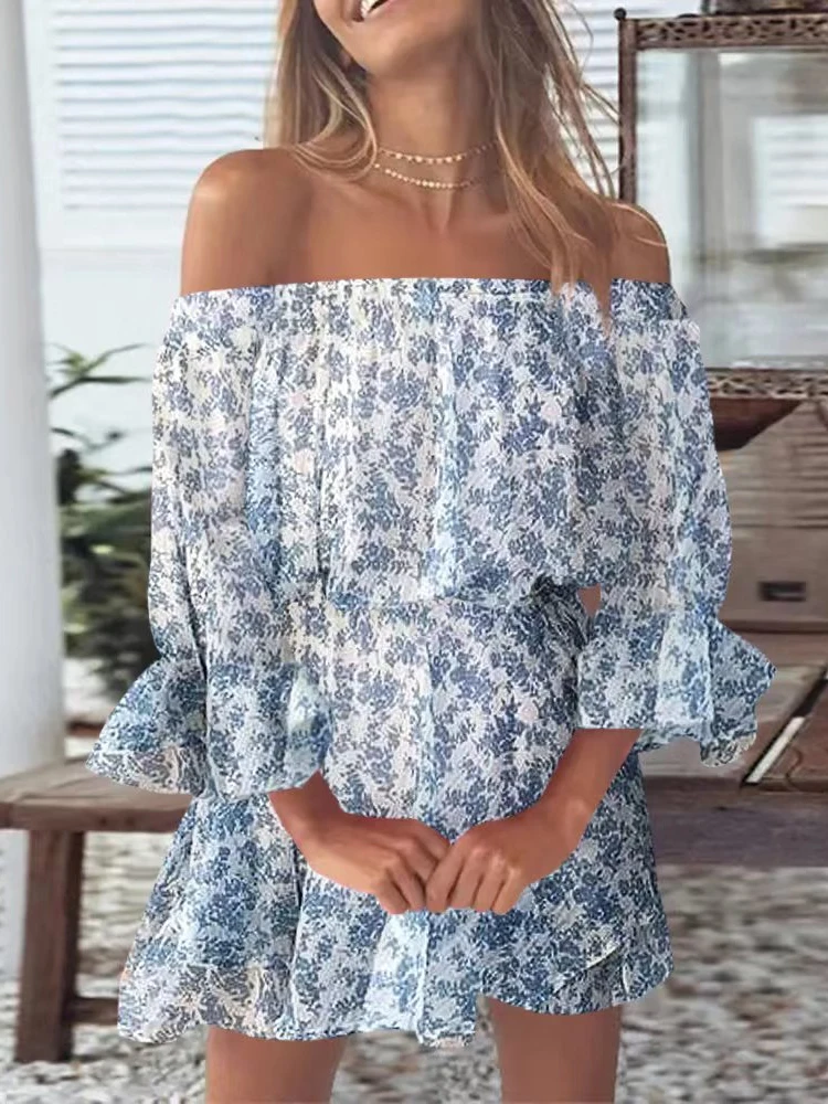 

Elegant Butterfly Sleeve Elastic Waist Party Dress Sexy Off Shoulder Floral Print Waist Mini Dress New Women Sweet Beach Dresses