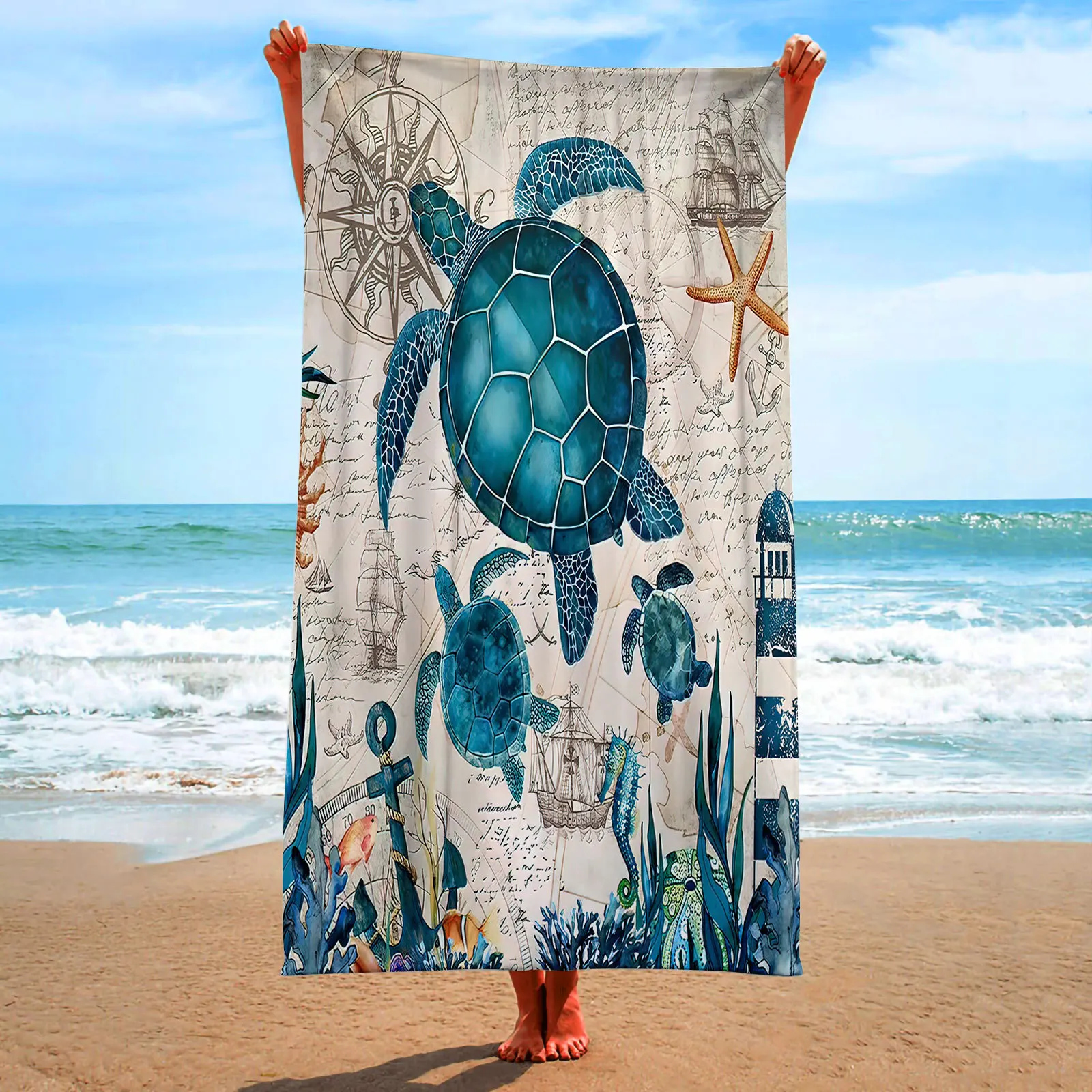 

Sea Turtle Beach Towel Microfiber Ocean Animal Bath Towel Nautical Theme Quick Dry Towels for Kids Adults Swimming Sports Travel