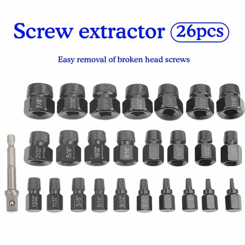 26pcs Screw And Bolt Extractor Drill Bit Set Disassemble Screws Bolt Stud Slip Teeth Demolish Stripped Broken Remover Tools