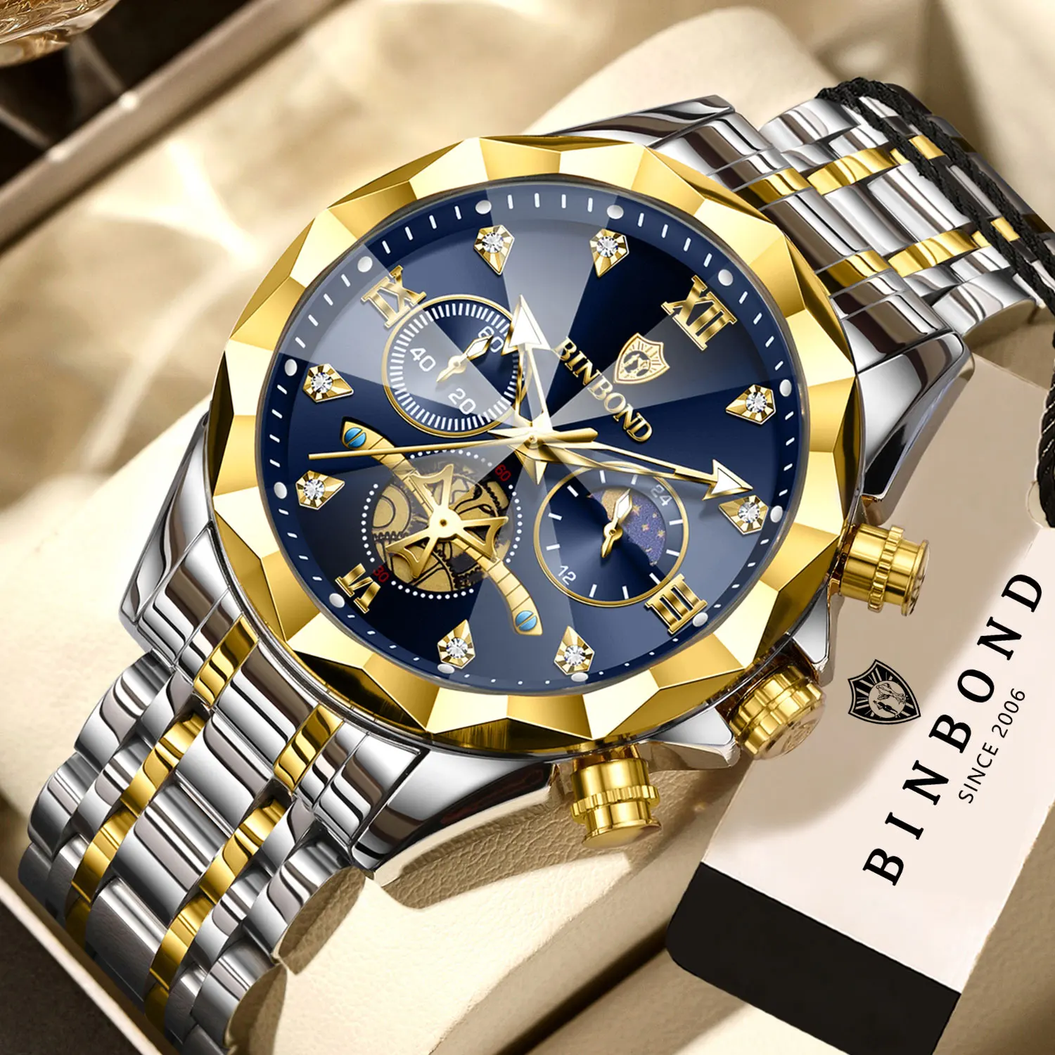 Фото Мужские кварцевые часы BINBOND Chronograph класса люкс: прочные, светящиеся, водонепроницаемые, с точным секундомером. Идеально для дропшиппинга. №2