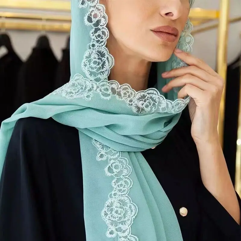 

Stitching Embroidery Lace Turban Bubble Chiffon Scarf Muslim Shawl Plain Soft Turban Versatile Lace Scarf Wedding Turban