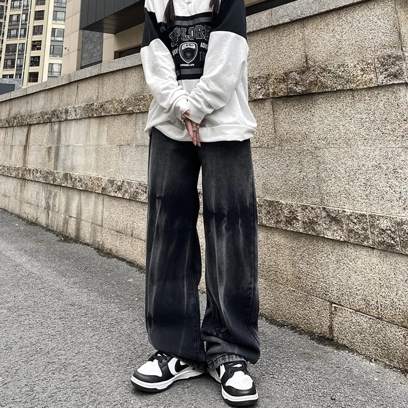 Streetwear Men 2022 New Pattern Recreational Grey Gradient Tie-dyed Pants Straight Cylinder Comfortable Loose Jeans Autumn Women