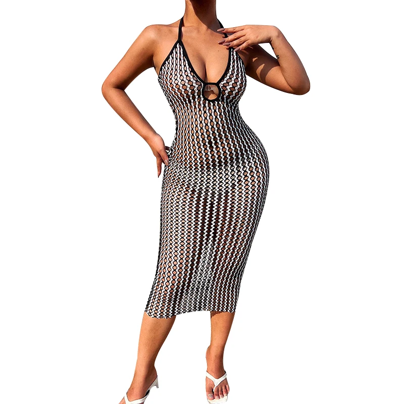 

Halter Dress Cover Up Swimwear Women Backless Sleeveless Swimsuit Bathing Suit Summer Fashion Knitted Hollow Sexy Dress Cover Up