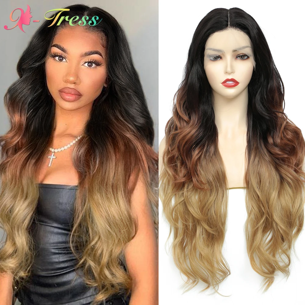 

X-TRESS Synthetic Lace Front Wig Ombre Brown Blonde 28 Inch Long Baby Wave Natural Looking Hairstyles for Black Women Daily Wear