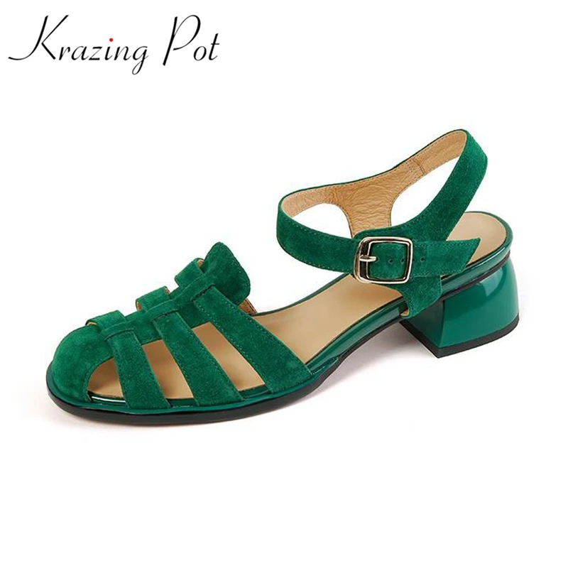 

Krazing Pot Sheep Suede Fashion Thick Med Heels Round Toe Retro Fashion Summer Buckle Straps Sweet Brand Slingback Women Pumps