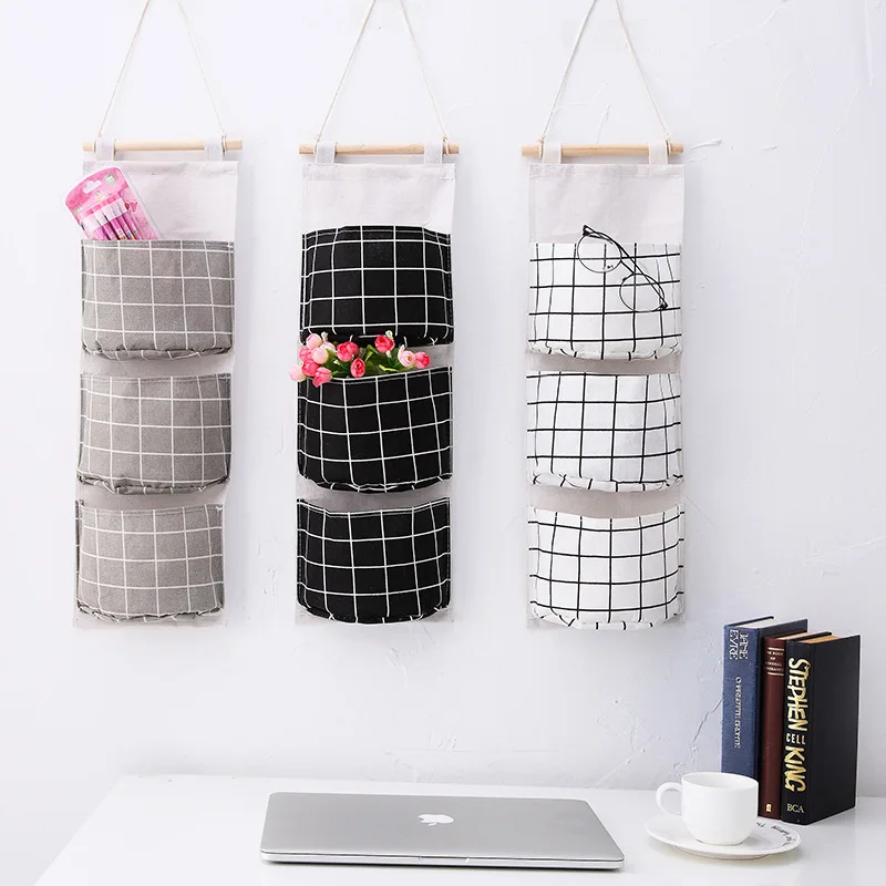 

Plaid Cotton And Linen Storage Three-Pocket Hanging Bag Door Rear Storage Bag Simple Fashion Hanging Pocket Storage Bag