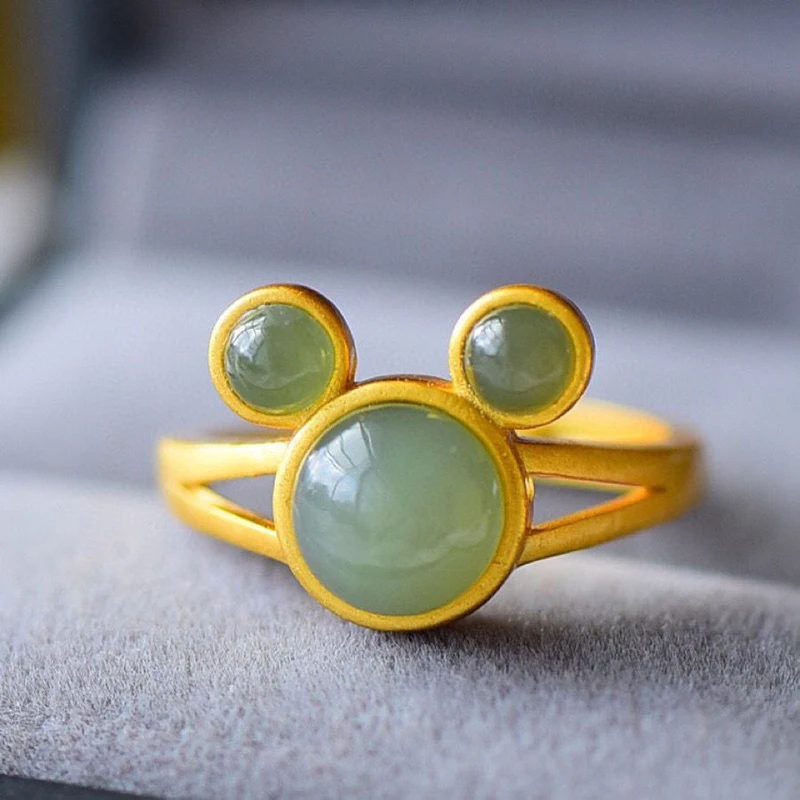 

New Natural Hetian Jade Mouse Open Adjustable Ring Chinese Style Retro Double Creative Elegant Ladies Silver Jewelry