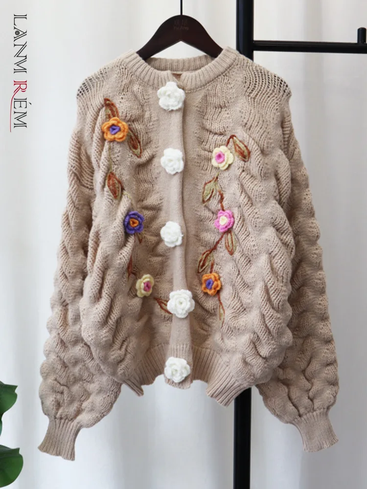 

LANMREM женский дизайнерский объемный вязаный свитер с цветами Женская шикарная верхняя одежда 2022 Осень Зима Новинка 2R6501