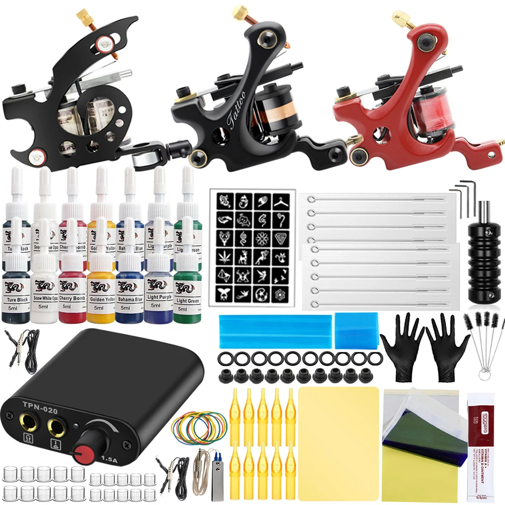 

Набор для татуировок Sdotter, полный набор для тату-машинки, черный источник питания, черные пигменты с катушками, тату-пистолет, машинка, иглы, аксессуары