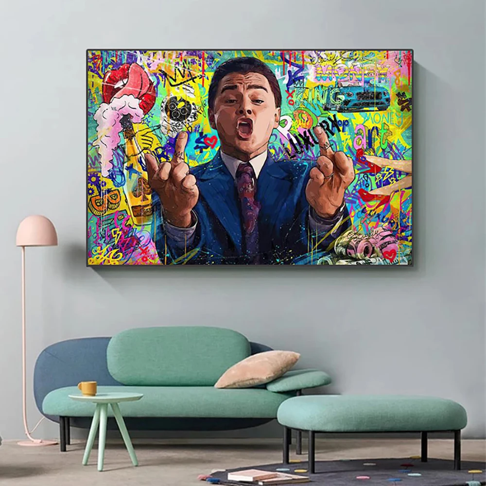 

Classic Movie Poster Wolf Of Wall Street Graffiti Canvas Painting Prints Money Motivational Wall Art Picture Living Room Decor
