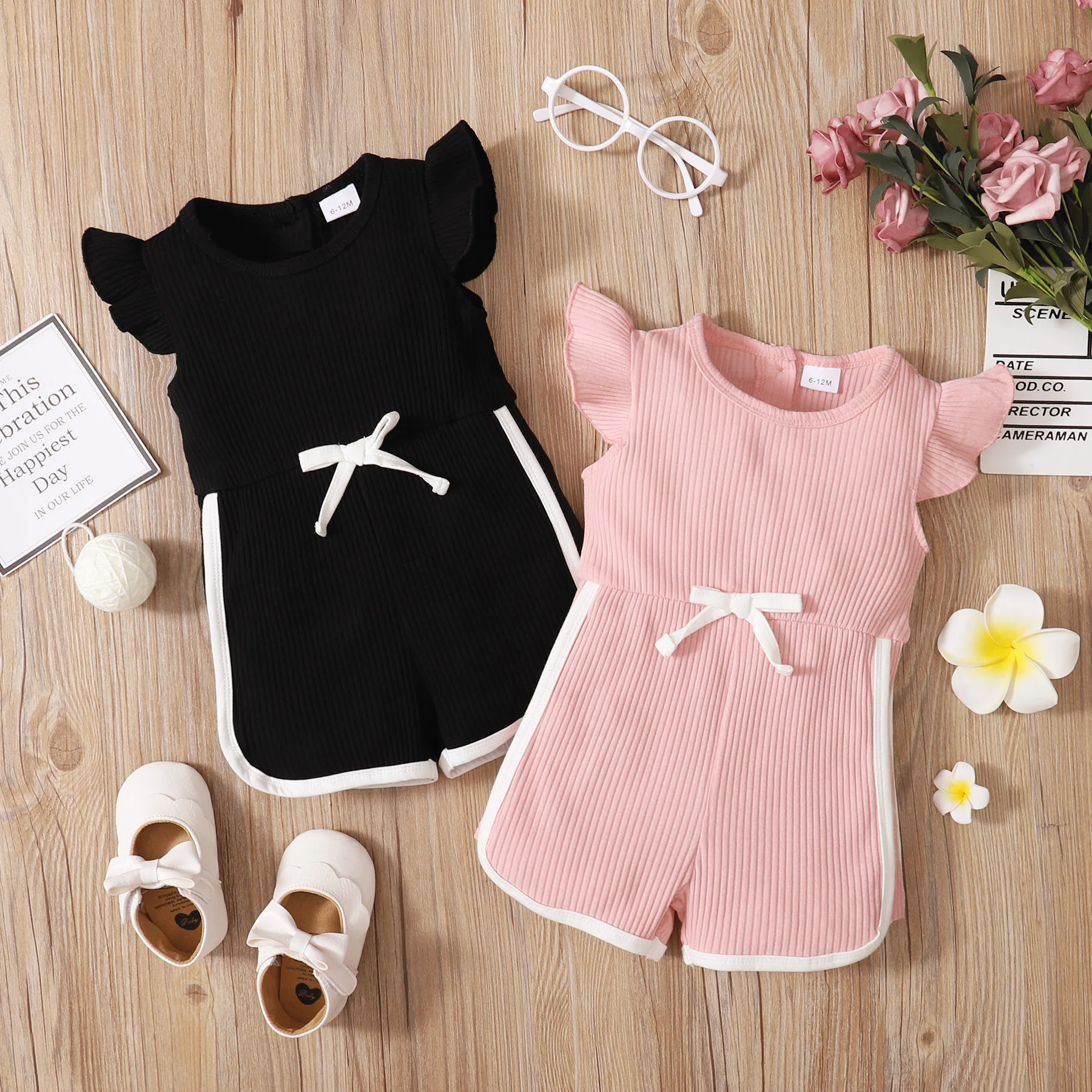 

1-3 Year Old Girl's Fashionable,Sweet and Lovely Solid Color Knitted Pit Strip Jumpsuit,New Summer Baby Climbing Suit,95% Cotton