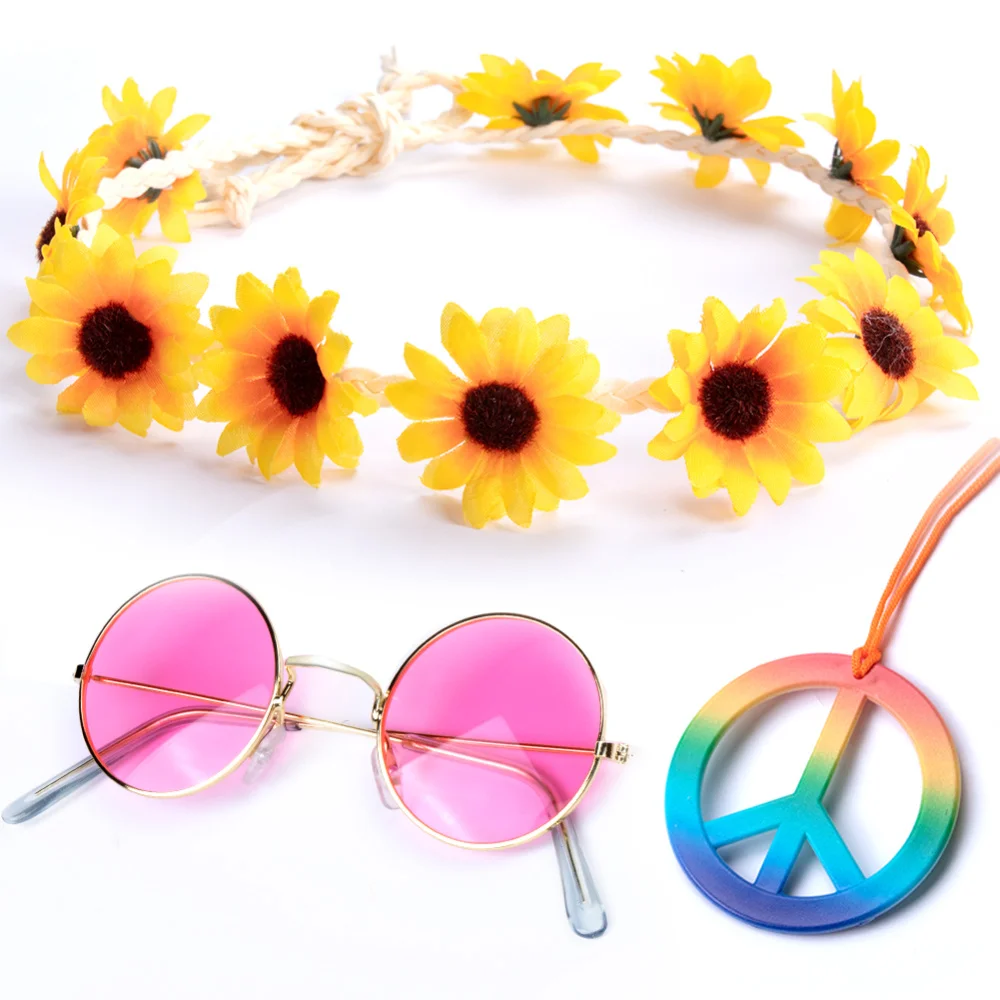 

3Pcs Hippie Costume Set Daisy Headband Sunglasses Peace Sign Necklace Headband Set Halloween Party Supplies Hippie Accessories