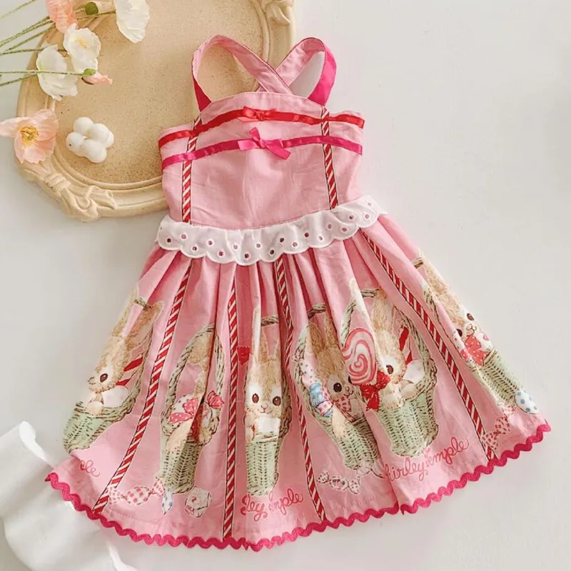

Baby Girls Summer Cute Cartoon Rabbit Lace Bow Pink Sleeveless suspenders Dress Casual Daily Frocks y527
