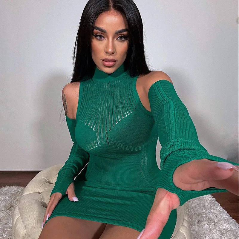 Knitted Women'S Party Dress Sexy Perspective Tight Round Neck Splice Long Sleeve Hip Wrap Dress Skirt