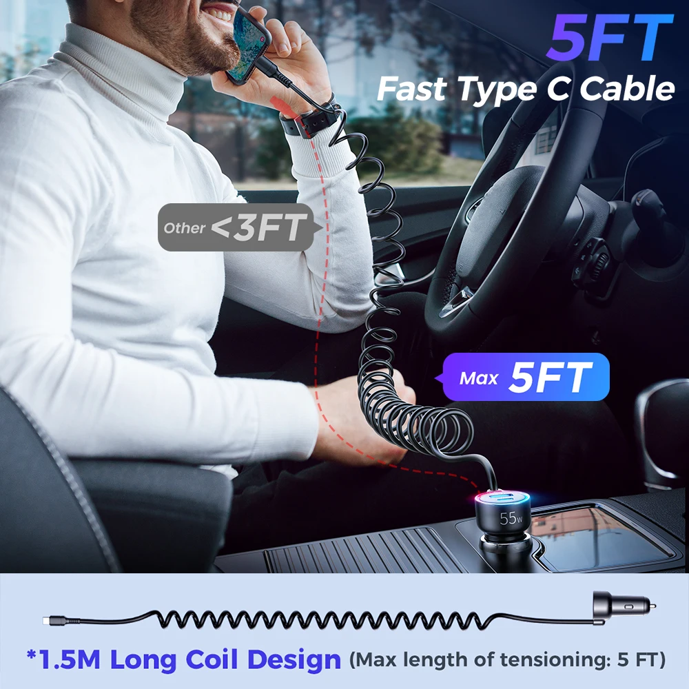 Joyroom Fast USB C Car Charger, 55W 3-Fast Port Super Quic Car Charger PD& QC3.0 with 1.5m 30W Super Fast Type C Coiled Cable