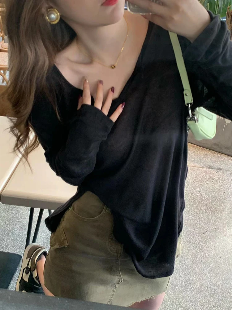 

Женская футболка с длинным рукавом, летний пуловер, блузка, пикантный тонкий свободный короткий топ с большим вырезом и открытым воротником