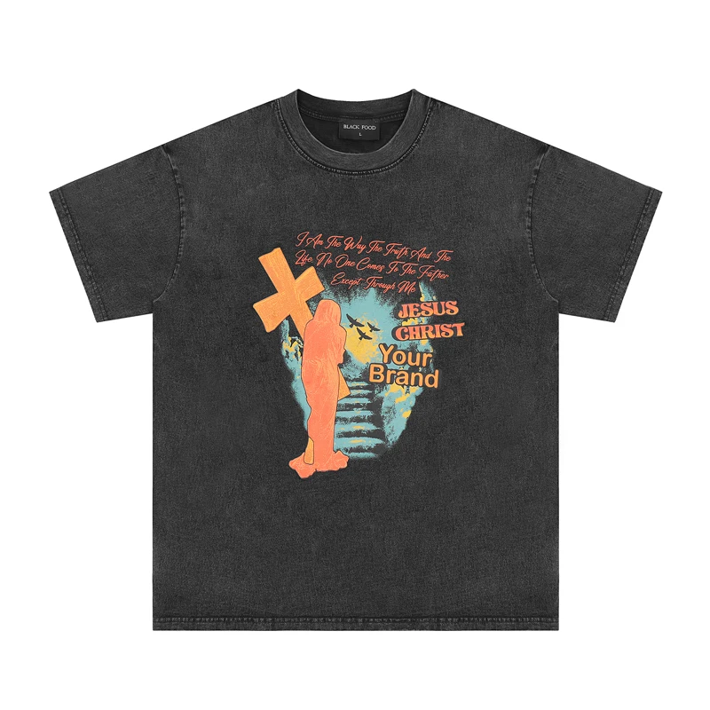 

Cross Wizards Print Men Women Kanye West Streetwear Washed Old Short Sleeve T Shirt