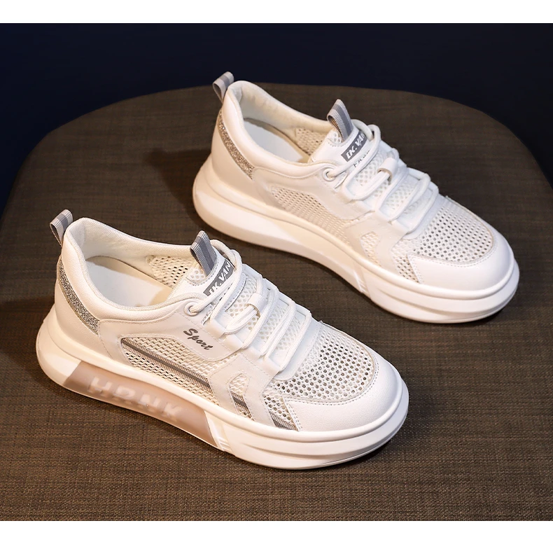 Real Soft Leather Mesh Breathable White Shoes Female Spring 2023 New  Students Casual Sports Shoes Women Shoes