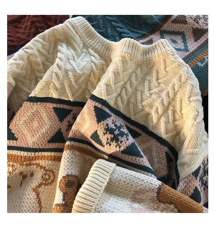 

NIggeey Cute Bear Tops Men High Street Knitting Sweater Tops Autumn Pullover Loose Harajuku Kawaii White Women Couple Sweaters