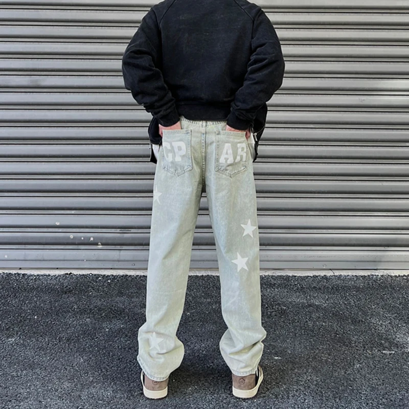 Men's Y2K Clothes Star Printed Jeans Denim Street Jogging Wide Leg Pants Baggy Jeans Streetwear Korean Fashion Clothing for Men