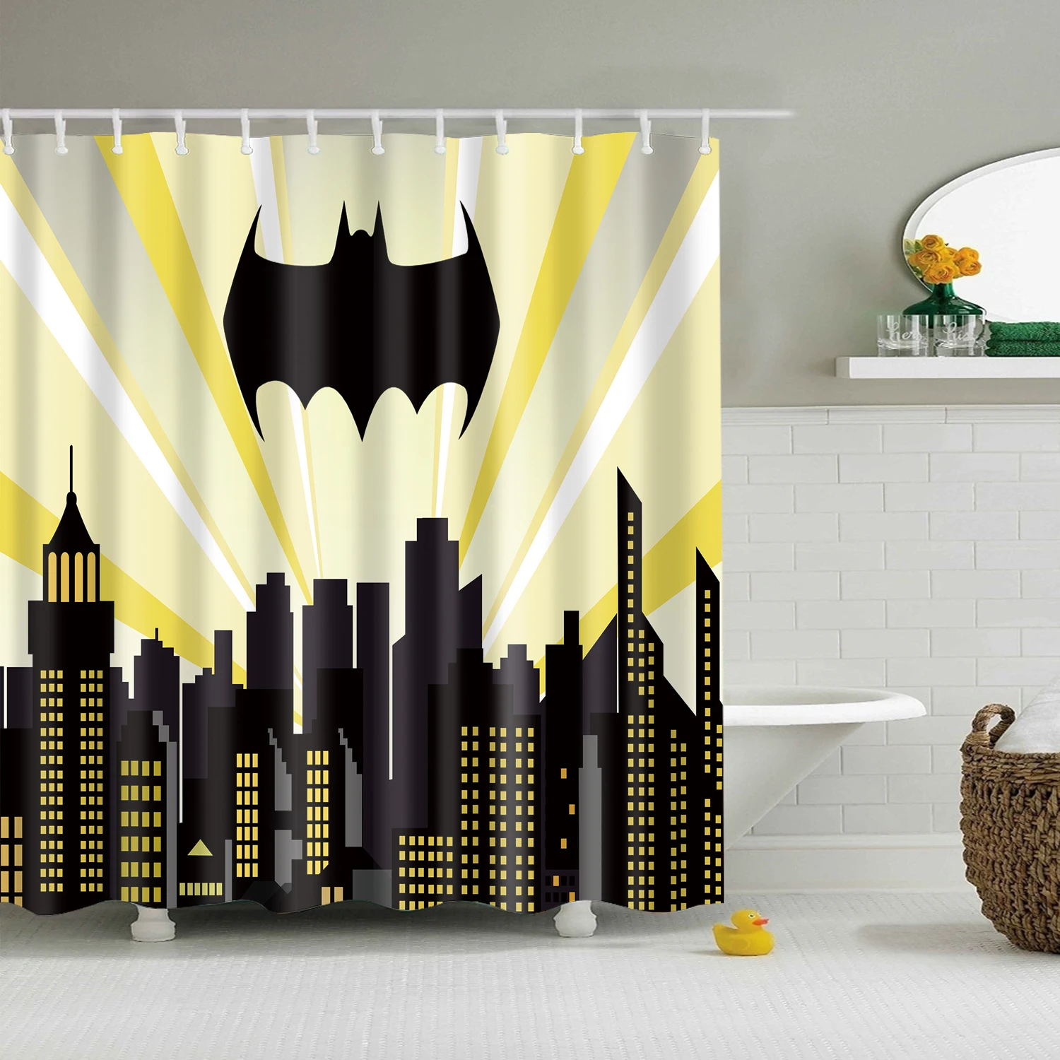 

Bat Cityscape Shower Curtain Panel Night Buildings Scene City Cartoon Skyline Movie Kids Boys Home Bathroom Decor Fabric