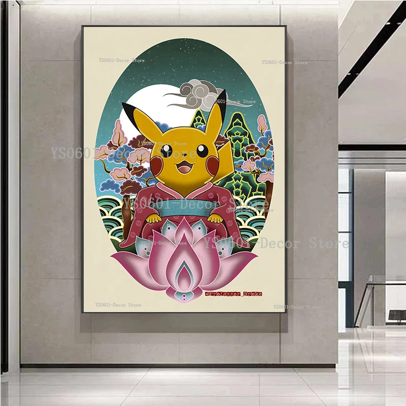 

Vintage Japanese Style Pokemon Pikachu In Kimono Poster Anime Canvas Painting Living Room Decor Wall Art Pirnts Mural Home Decor