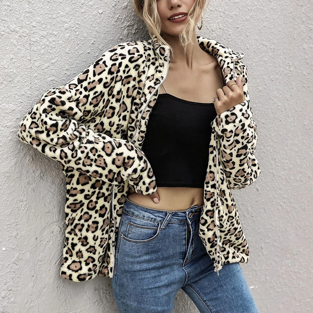

Women Jackets Fall Women Fashion Leopard Printed Loose Winter Warm Wide Female Jackets Wind Coat Long Cardigan Coat