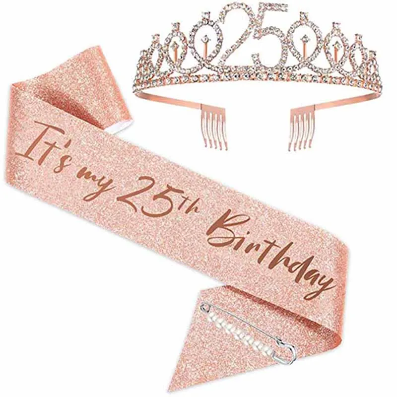 

Pink It’s my Birthday Sash and Gold Rhinestone CrownTiara for Women, Princess Birthday Headband for 80th Party Accessories