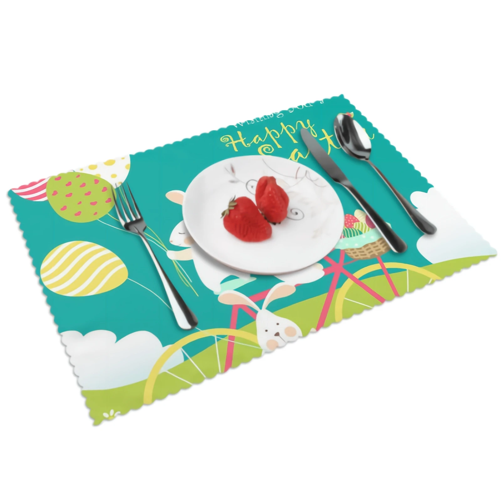 

Happy Easter Placemats Bunnies Easter Eggs Bike Placemat Set of 4 Heat-Resisting Non Slip Table Mats Polyeste Place Mats f