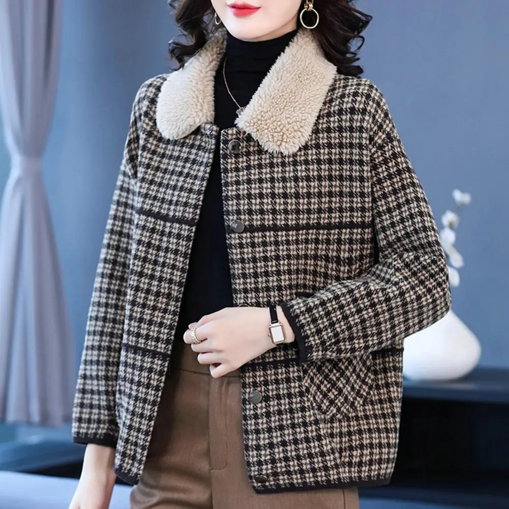 

Женское двухстороннее трикотажное пальто, винтажная куртка в клетку с длинным рукавом, отложным воротником и плюшевым принтом, короткая теплая одежда для осени и зимы