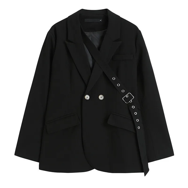 

Пиджак Женский Повседневный со съемной шнуровкой, двубортный Блейзер свободного покроя с английским воротником и длинным рукавом, куртка черного цвета