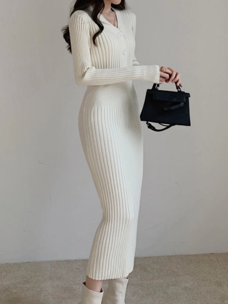 

Элегантное однотонное трикотажное платье, Женская осенне-зимняя трендовая облегающая Сексуальная рубашка с длинным рукавом и V-образным вырезом, модные платья, платье