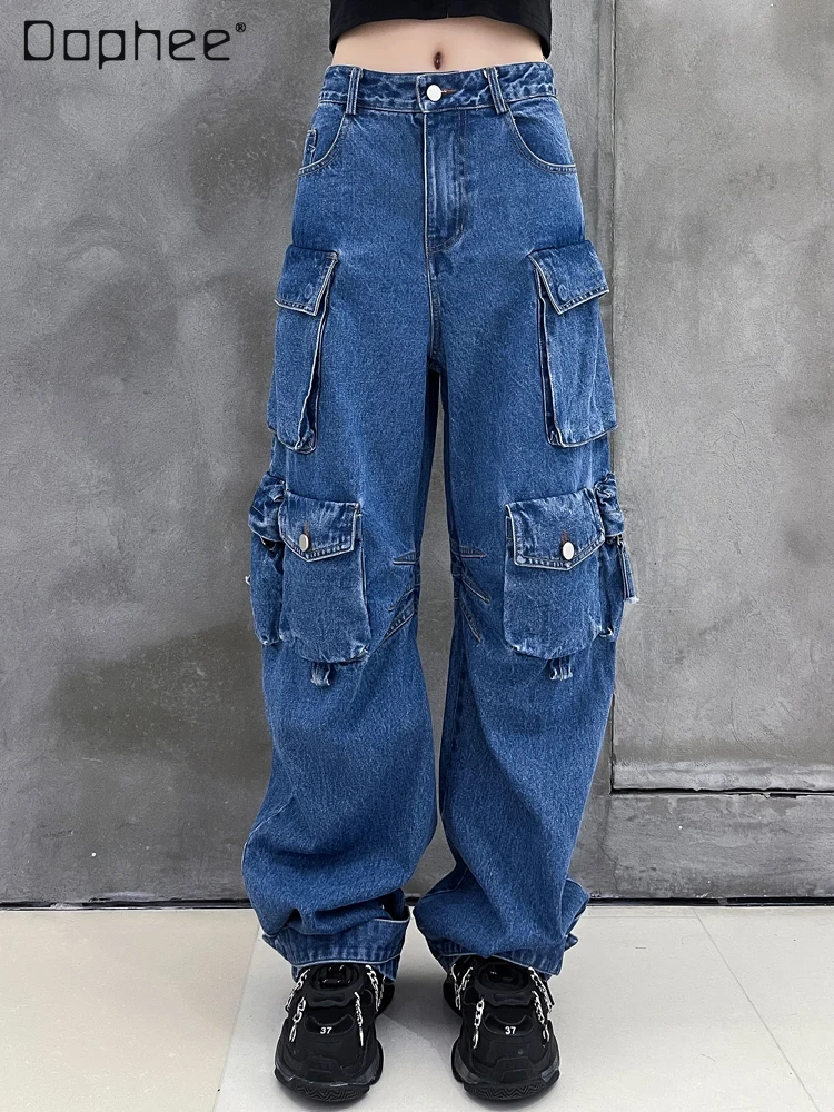 Loose Women Wide-Leg Denim Blue Jeans 2022 Spring New Lazy Style Baggy High Waisted Multi-pocket Blue Denim Trousers for Woman