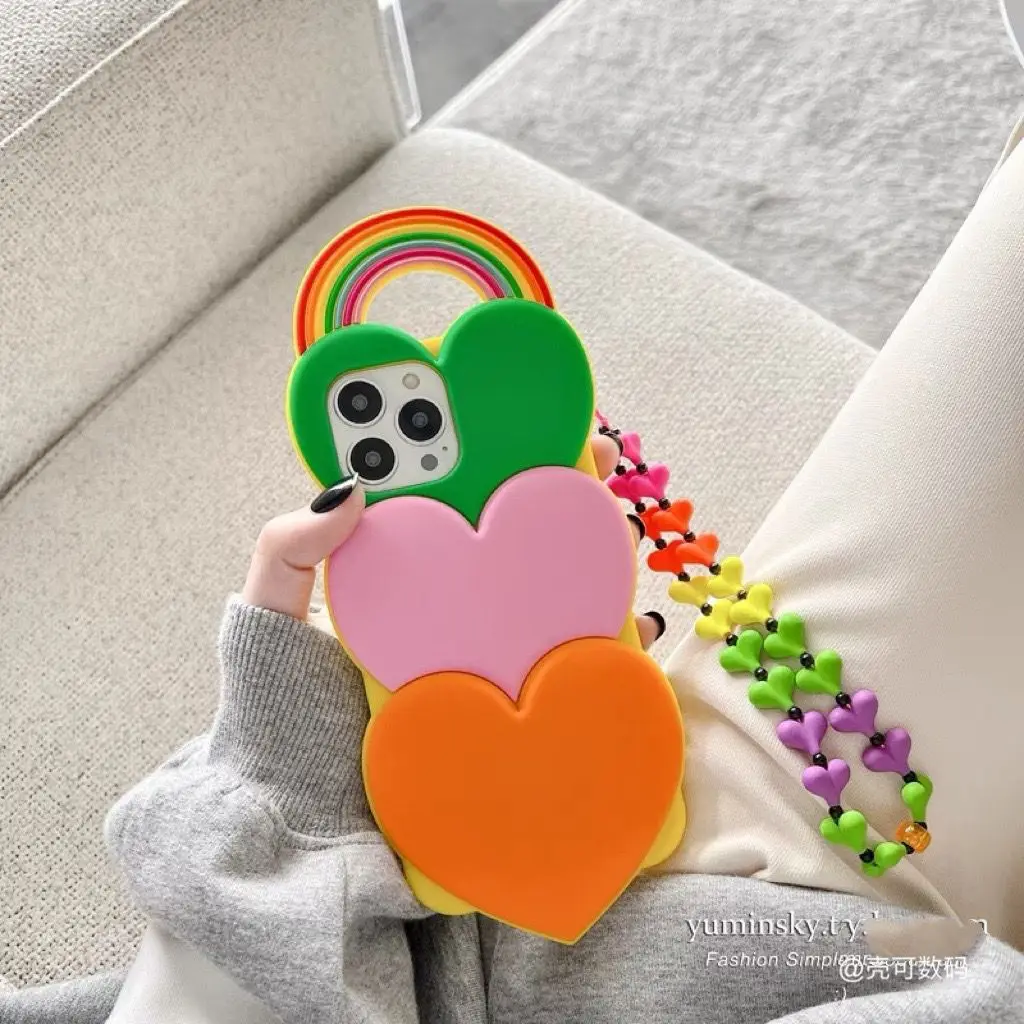 

Cute 3D Triple Love Heart Phone Case For iPhone 14 Pro Max Plus 13 12 11 Lovely Rainbow Full Coverage Silicone Back Cover Strap