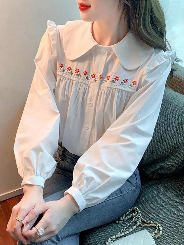 

Doll Collar Embroidered Long-sleeved Shirt Women White Fungus Edge Puff Sleeve French Retro Age Reduction Sweet Button Up Shirt