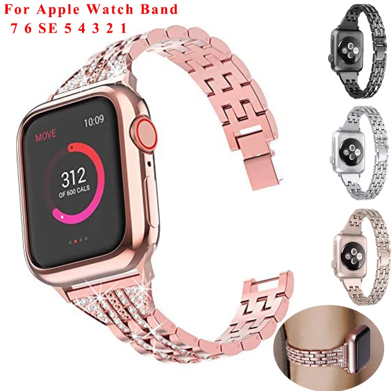 

Stainless Steel for Apple Watch Band 45mm 41mm 44mm 40mm 42mm 38mm Women Metal Strap Diamond IWatch Series 7 6 5 4 3 2 SE Luxury