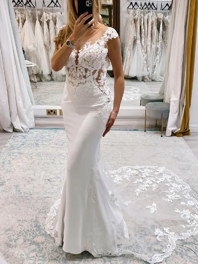 

TIXLEAR Elegant Wedding Dress V-Neck Cap Sleeve Lace Appliques Backless Bridal Gown Mermaid Floor Length Vestido De Novia New