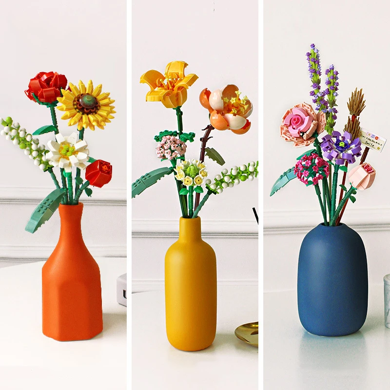 

Building decorative flower arrangement Block Bouquet 3D Model Toy Home Decoration Plant Potted Chrysanthemum Rose Flower Assembl