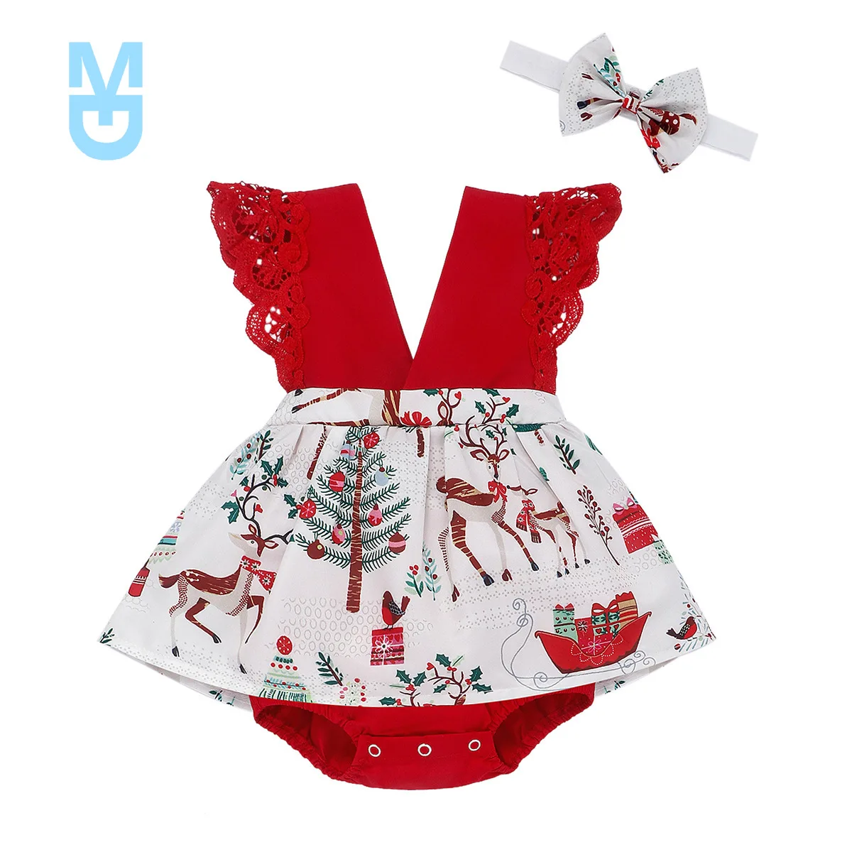 

New My First Christmas Baby Girl Clothes Xmas Print Rompers V-Neck Lace Christmas Bodysuit For borns Year Costume Baby